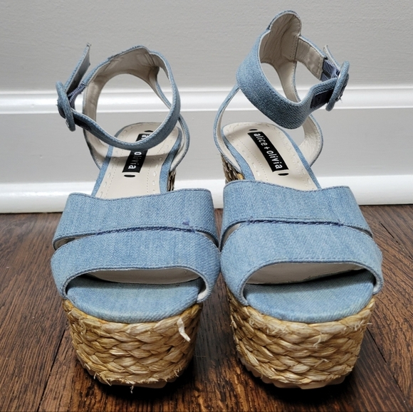 Alice & Olivia Roberta Denim Espadrilles Platform Wedges Ankle Strap Open Toe - Picture 7 of 7